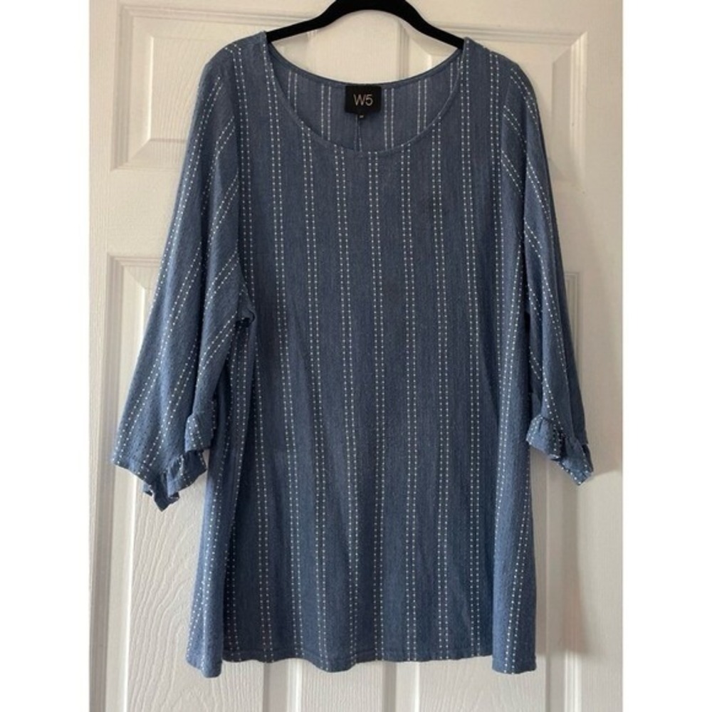 W5 Concepts Anthropologie Womens Top Size‎ 1x Blue Stripe 3/4 Ruffled Sleeve